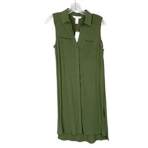 White House Black Market Womens Sleeveless Gauze Button Down Tunic Ivy Green XS